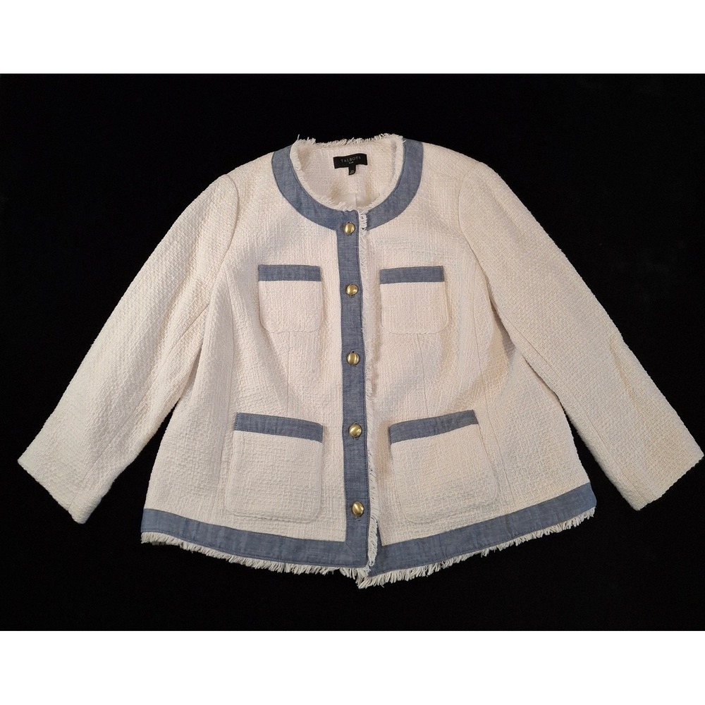 Talbots Womens 14W Tweed Jacket White Blue Fringe Chambray Trim Gold Buttons